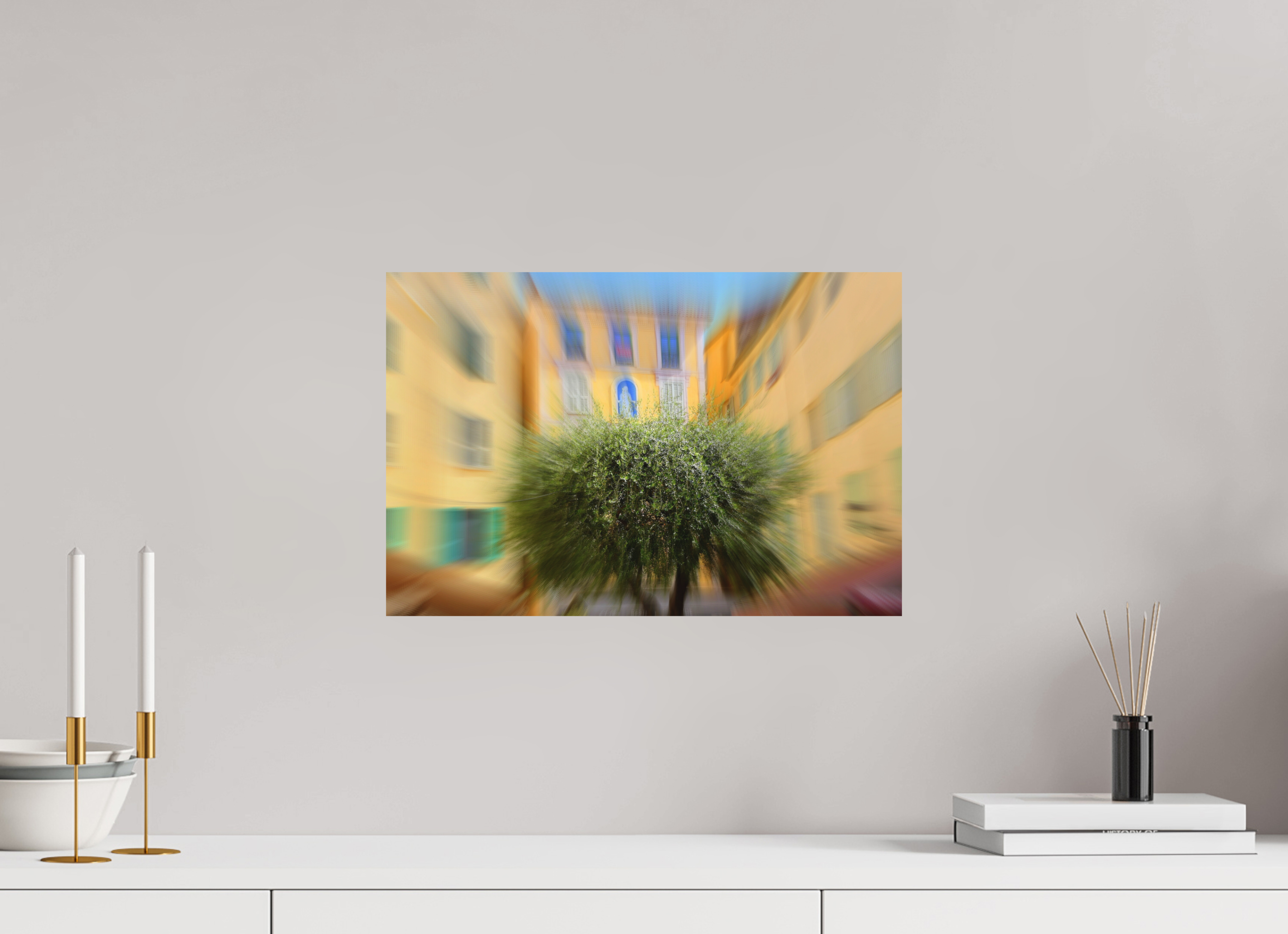 45 x 30 cm, Direct Print on Aluminium Dibond Colour OLIVE TREE IN THE EMBRACE OF THE HOUSES