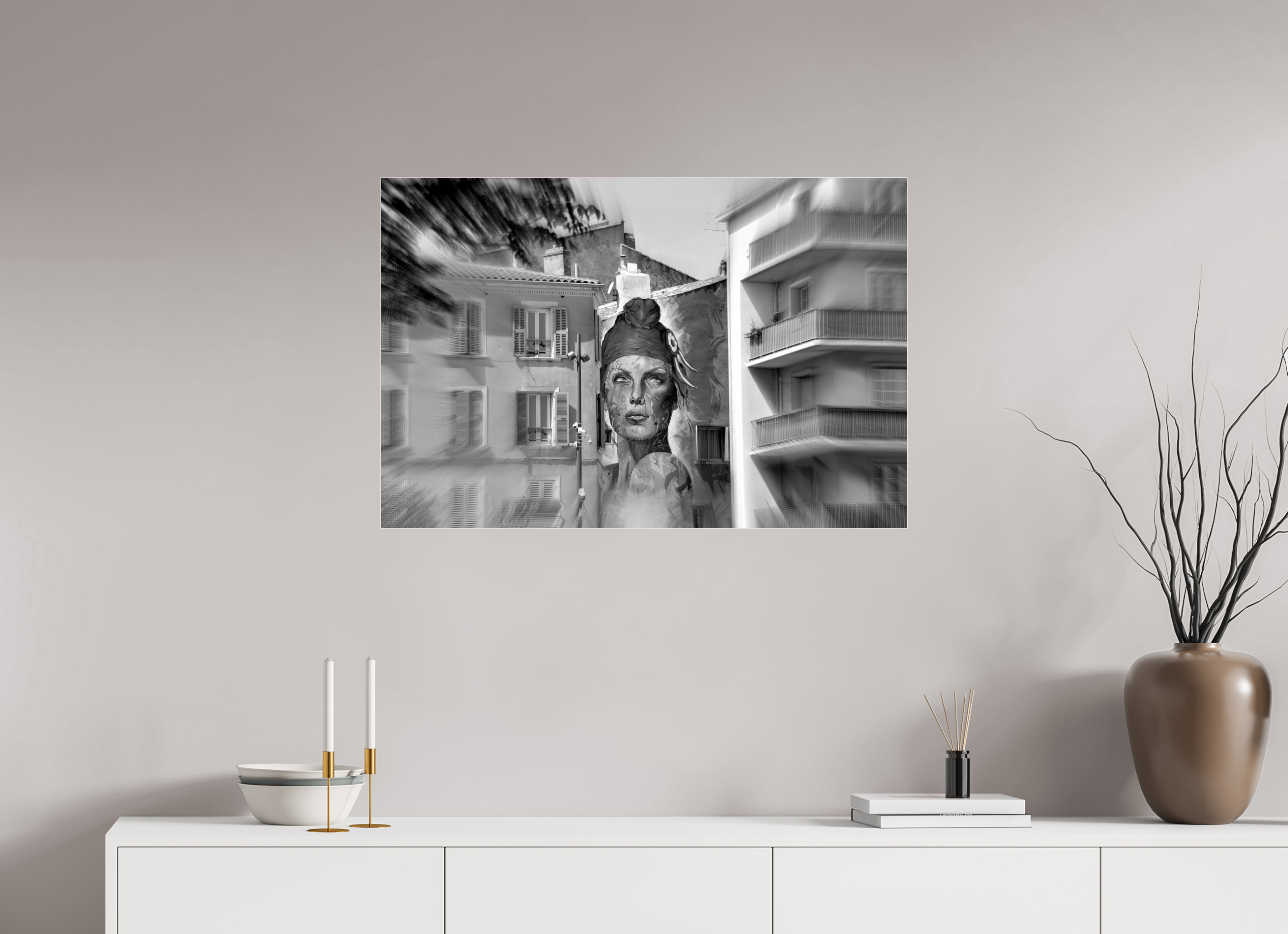 90 x 60 cm, Photo Print Under Acrylic Glass FEMALE POWER BETWEEN BUILDINGS
