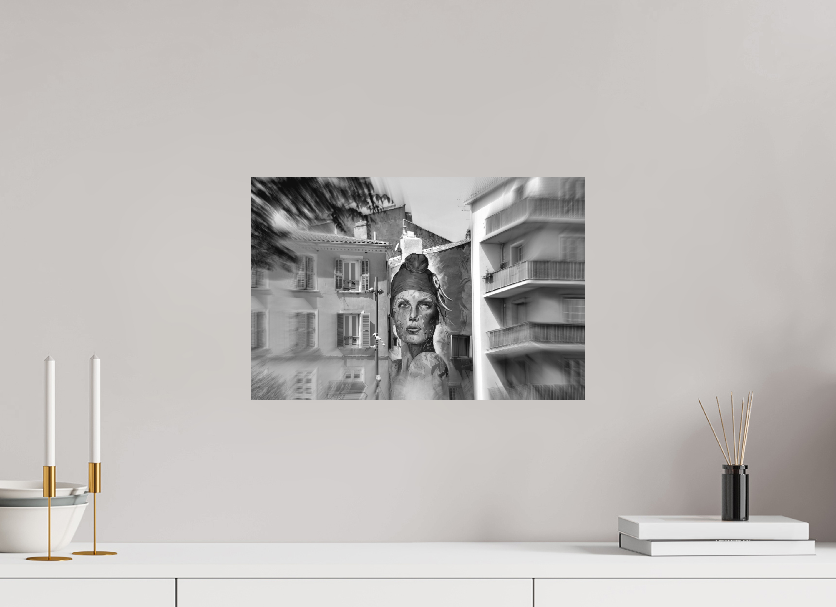 45 x 30 cm, Direct Print on Aluminium Dibond_Black_and_White FEMALE POWER BETWEEN BUILDINGS