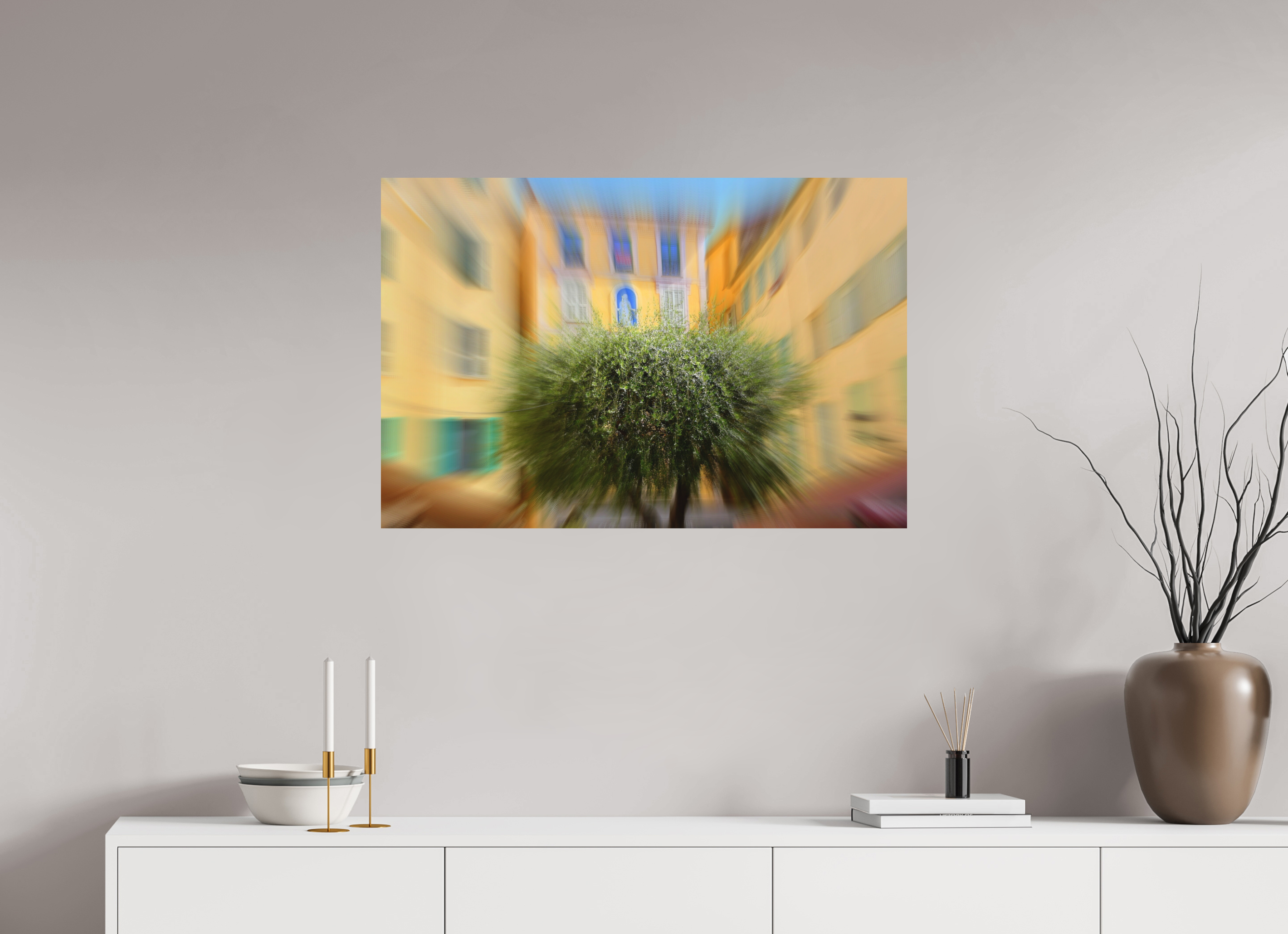 90 x 60 cm, Direct Print on Aluminium Dibond Colour OLIVE TREE IN THE EMBRACE OF THE HOUSES