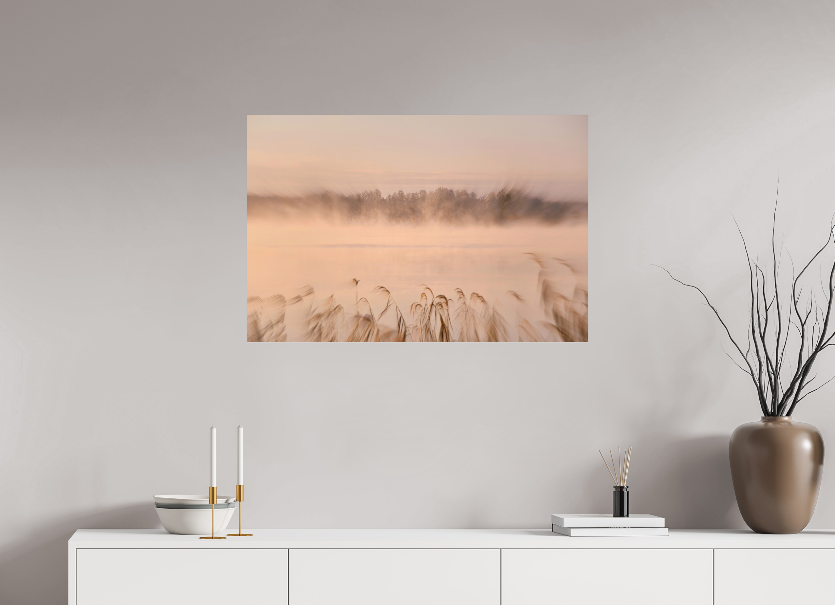 90 x 60 cm, Under Acrylic Glass Colour MISTY RIVERSIDE MORNING