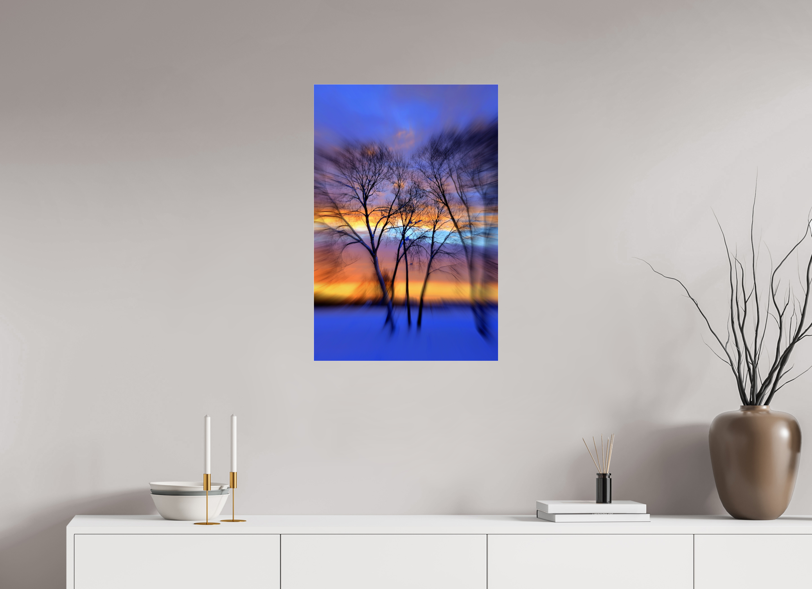 50 x 75 cm, Under Acrylic Glass Colour TREES SILHOUETTES IN WINTER SUNSET