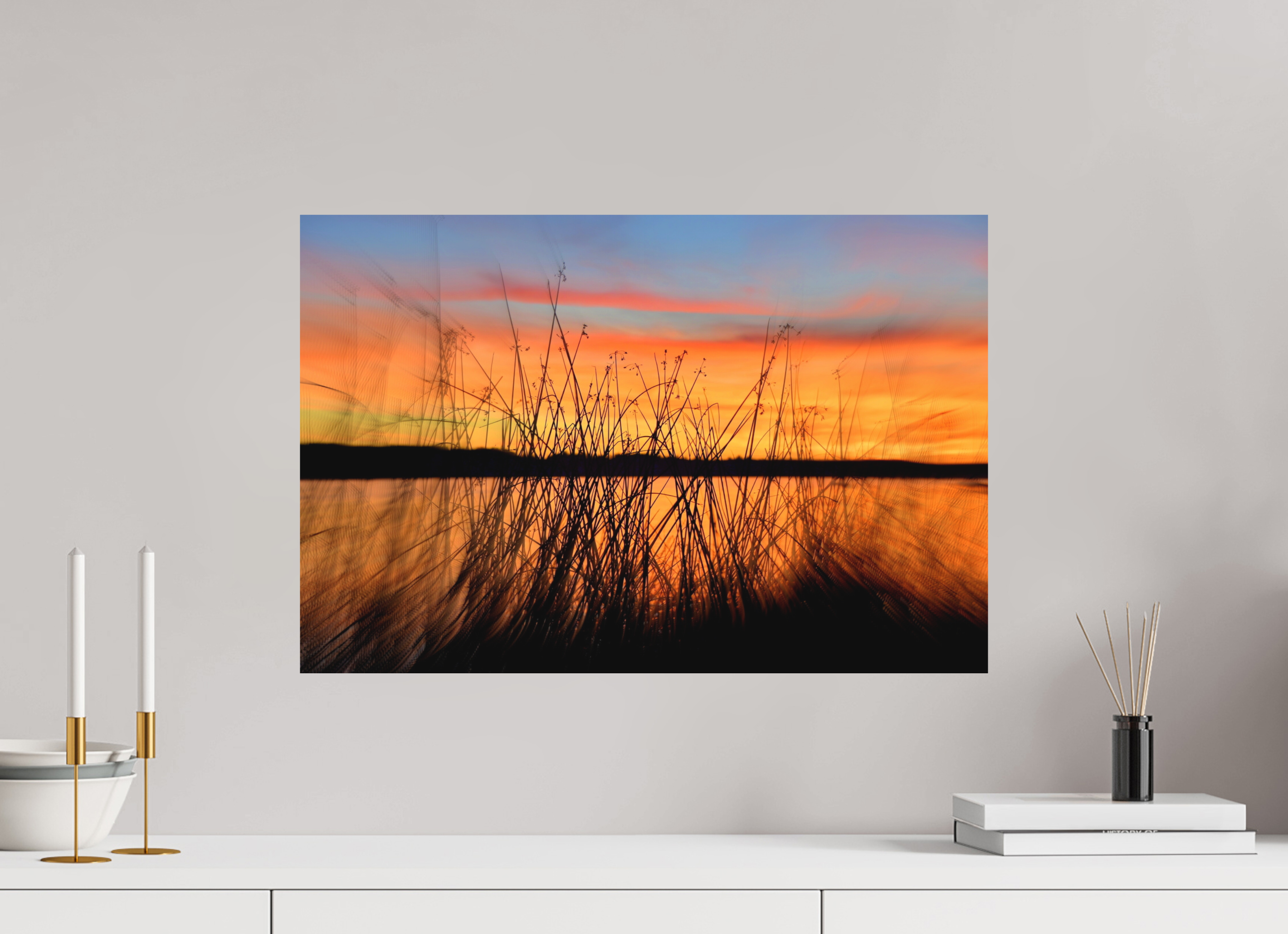 60 x 40 cm, Direct Print on Aluminium Dibond Colour SUNSET BEHIND BLACK REEDS
