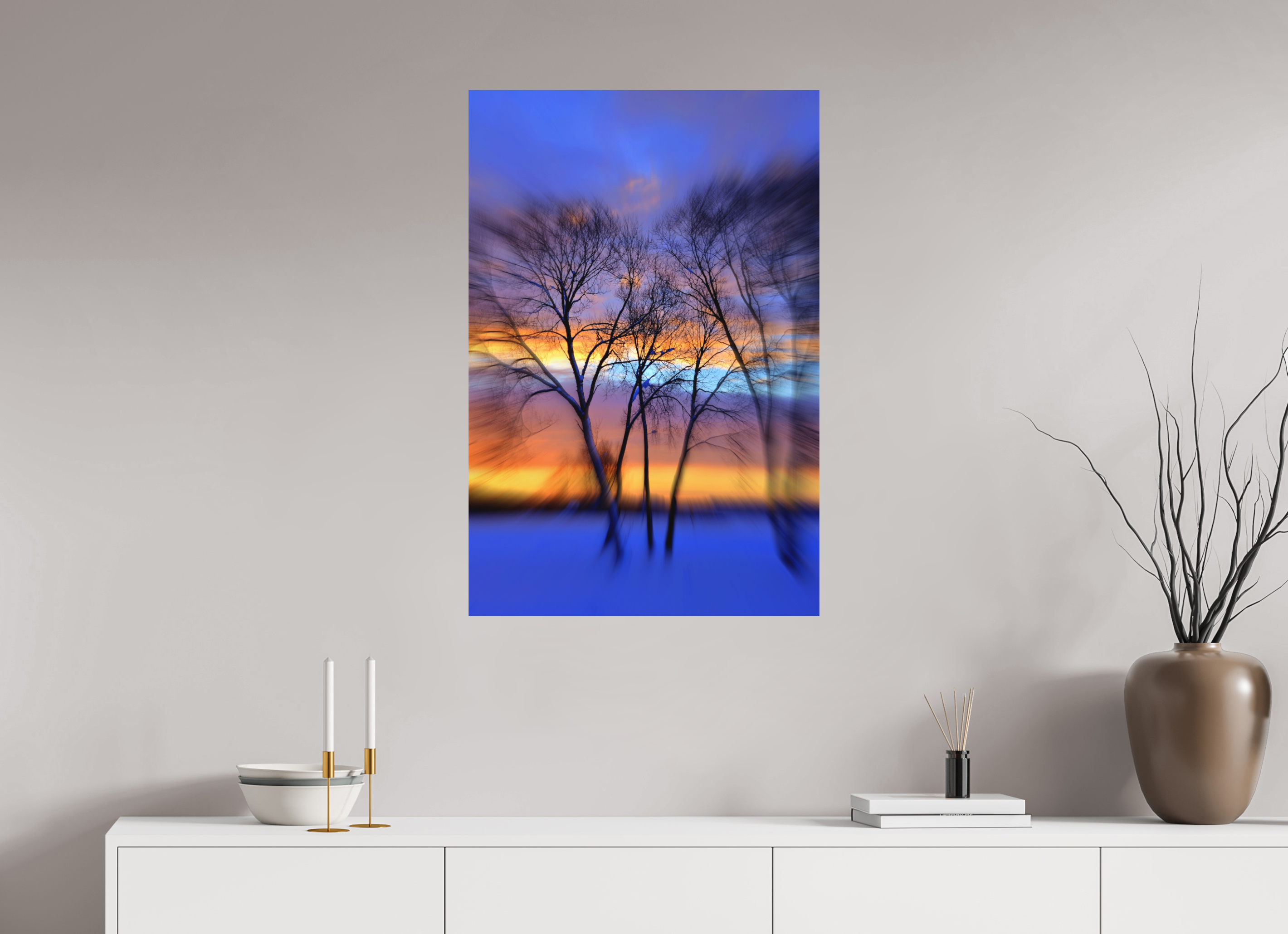 60 x 90 cm, Direct Print on Aluminium Dibond Colour TREES SILHOUETTES IN WINTER SUNSET