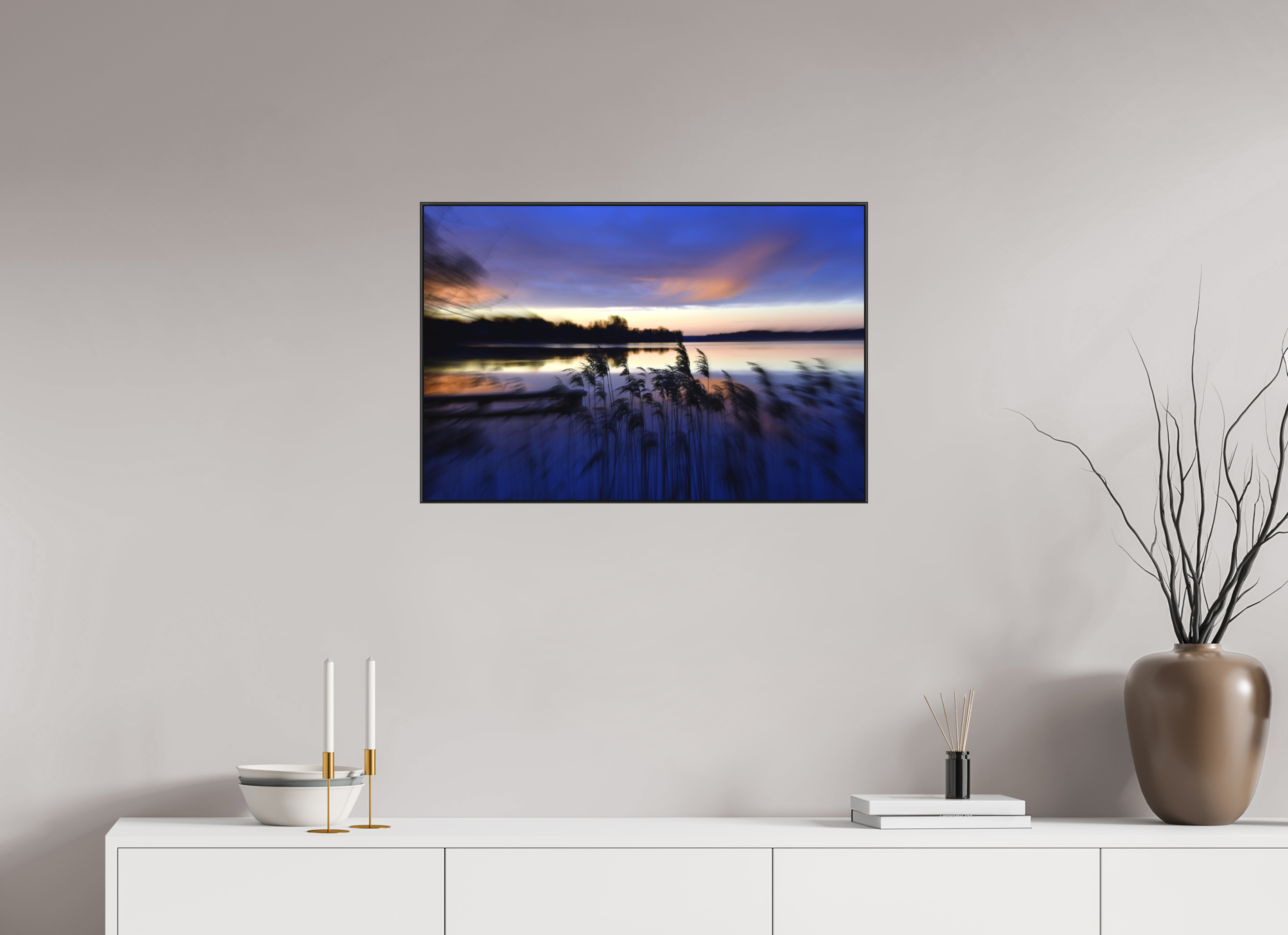 75 x 50 cm, Black_metal_frame_Dibond RIVER AWAKING IN THE MORNING
