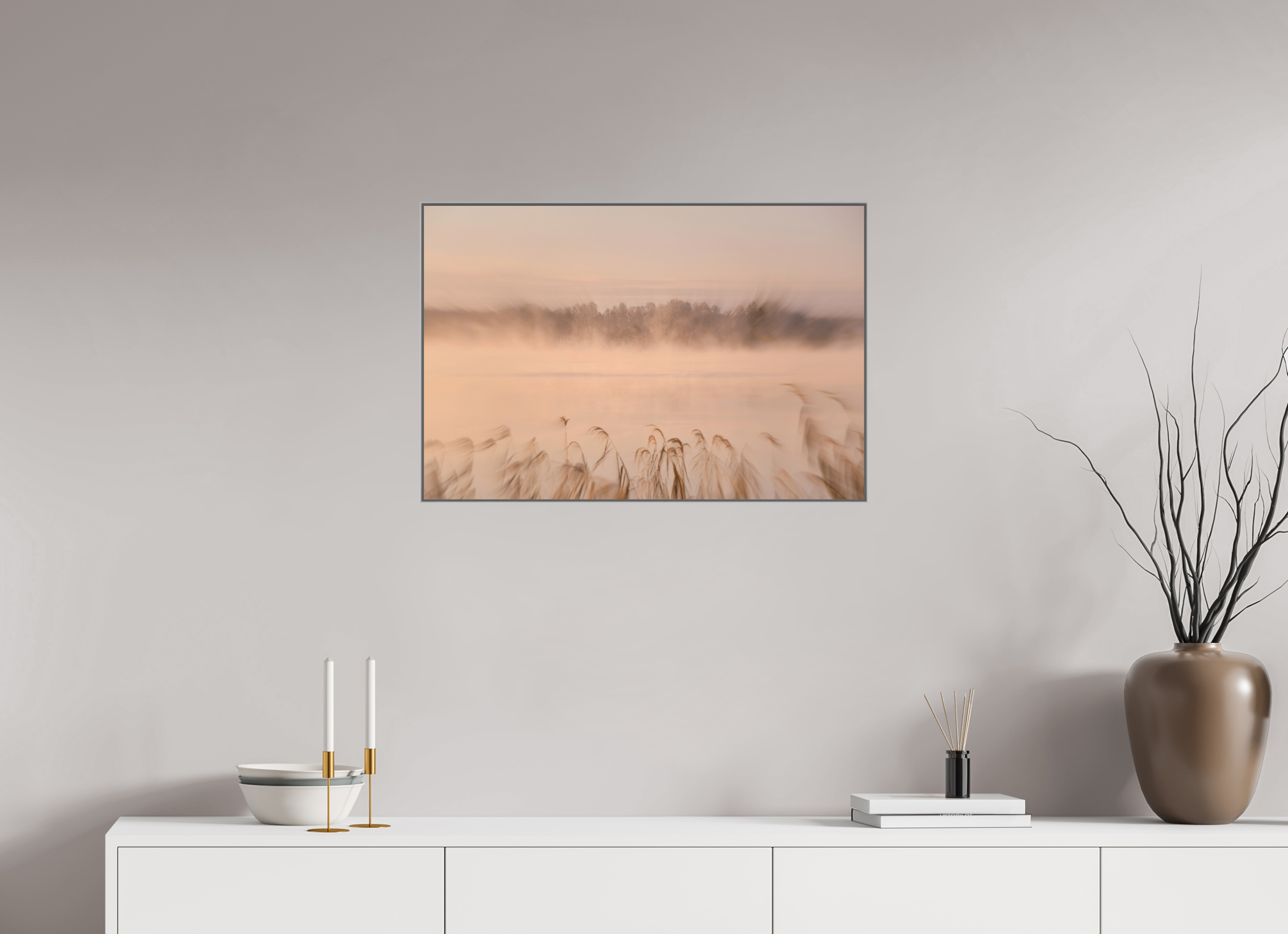 75 x 50 cm, Silver_metal_frame_Dibond MISTY RIVERSIDE MORNING