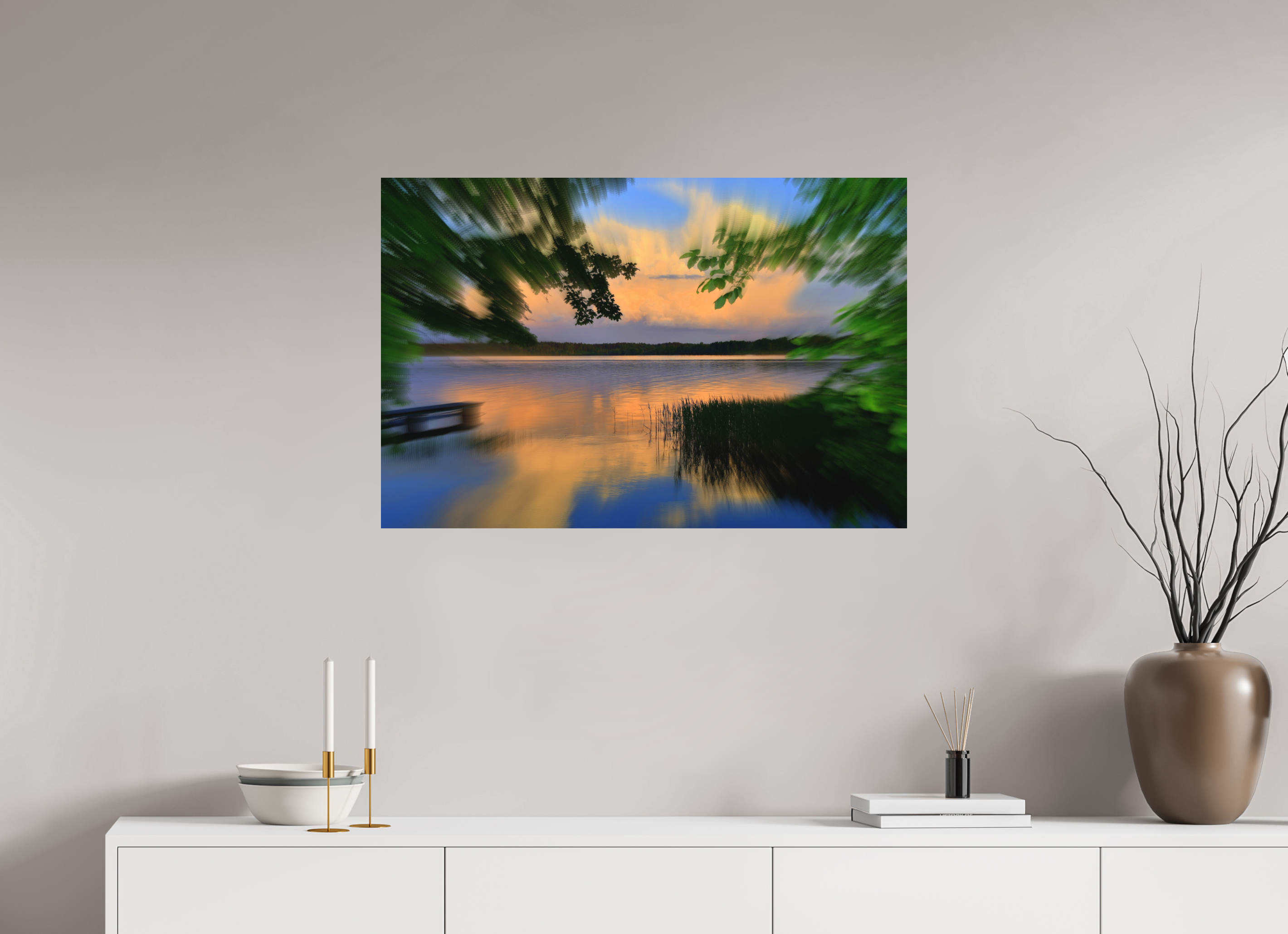 90 x 60 cm, Direct Print on Aluminium Dibond Colour SUMMER RIVERSIDE SUNSET