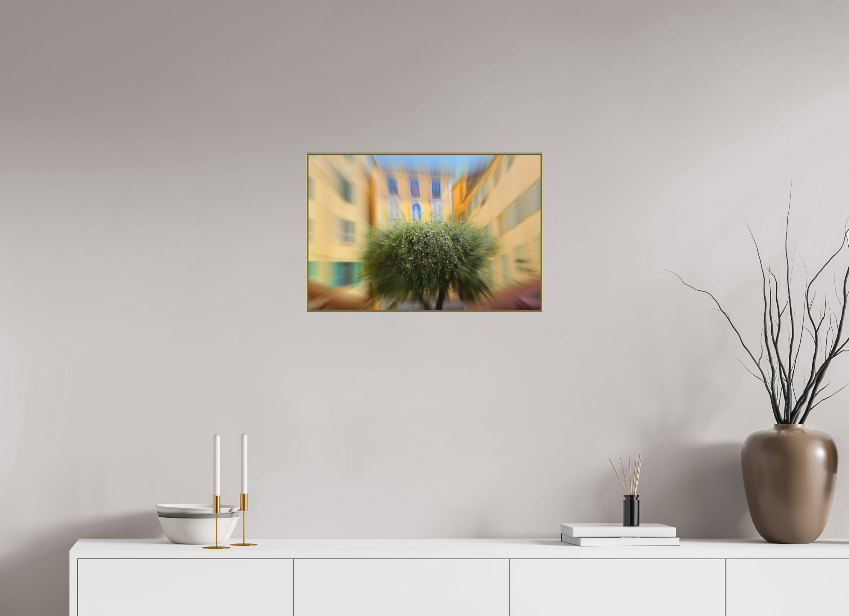 60 x 40 cm, Gold_metal_frame_Dibond OLIVE TREE IN THE EMBRACE OF THE HOUSES
