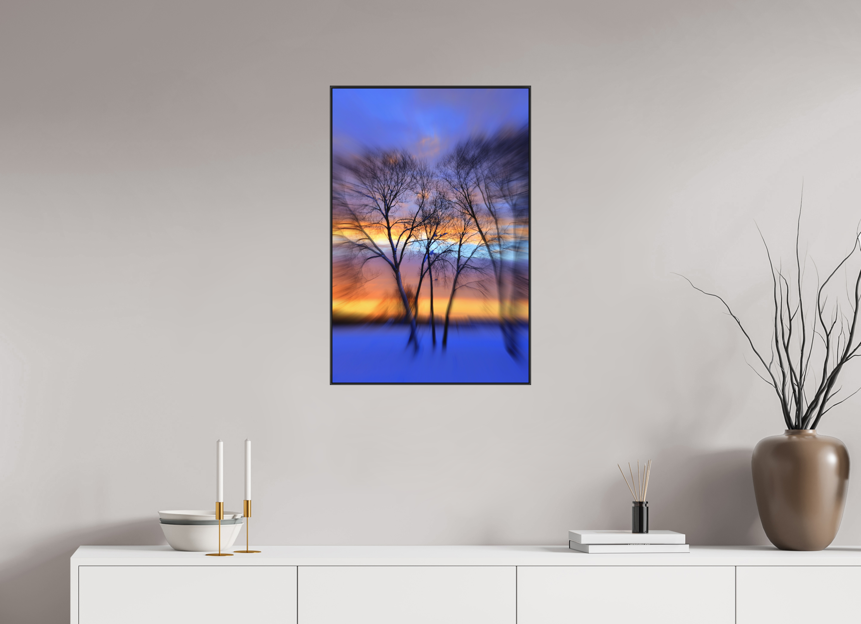 50 x 75 cm, Black_metal_frame_Dibond TREES SILHOUETTES IN WINTER SUNSET