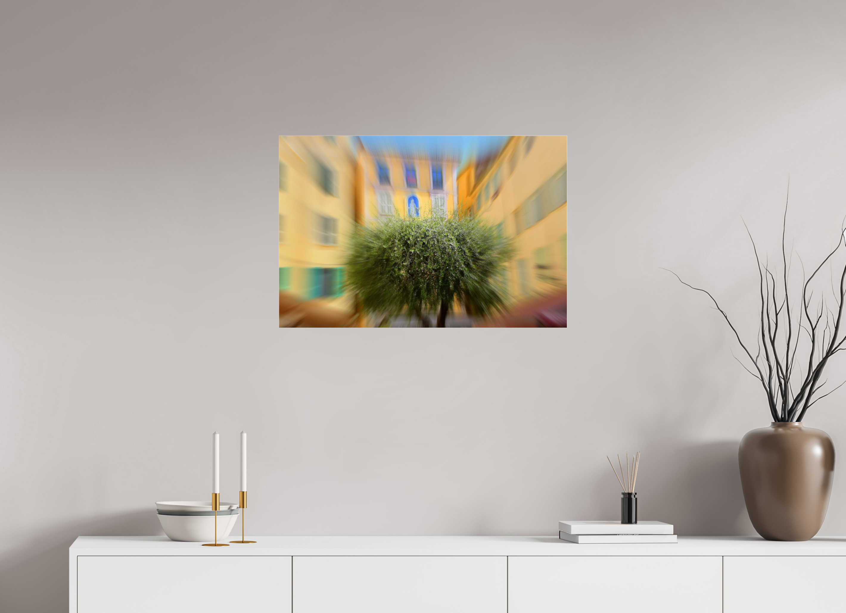 75 x 50 cm, Under Acrylic Glass Colour OLIVE TREE IN THE EMBRACE OF THE HOUSES