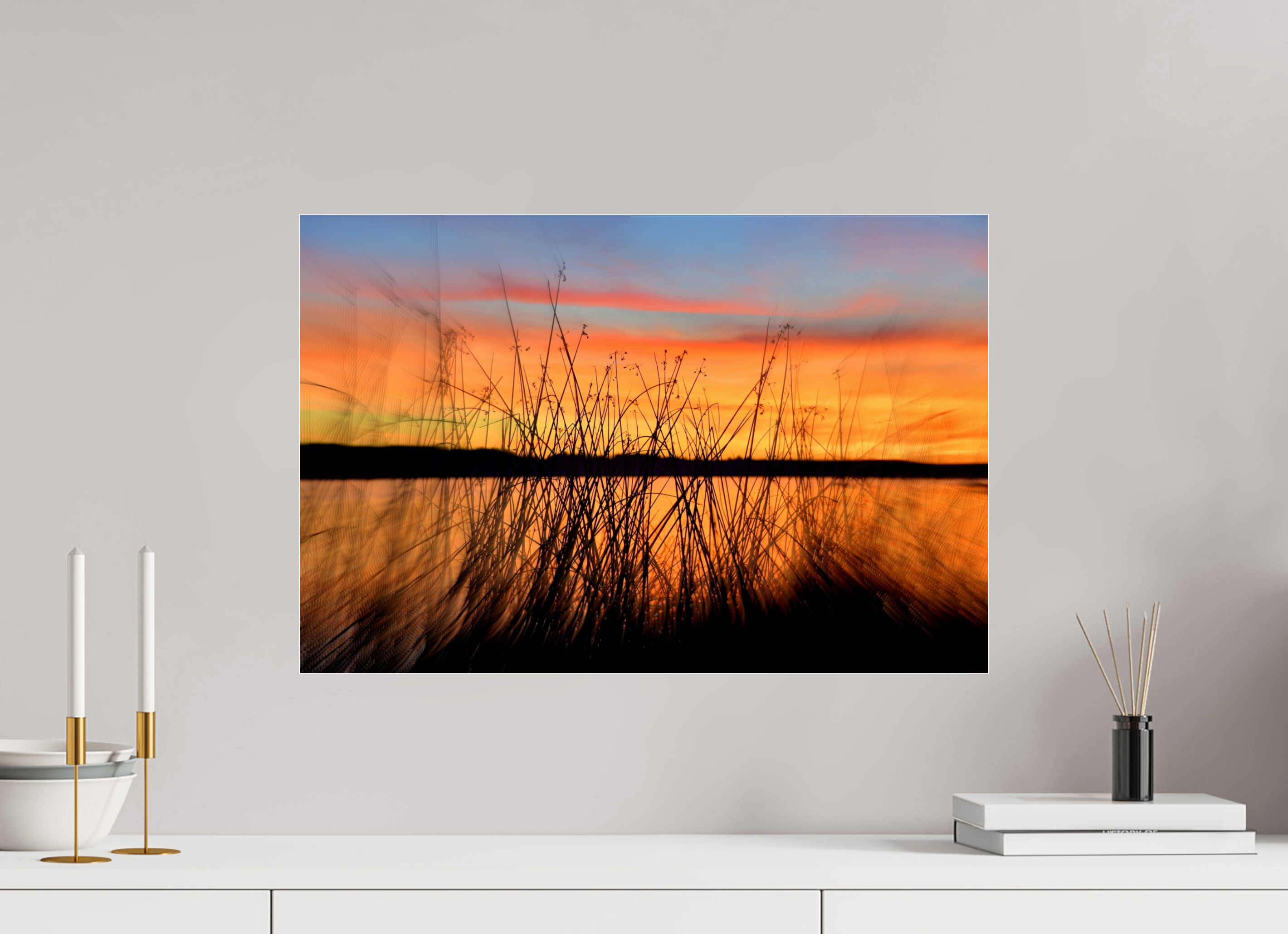 60 x 40 cm, Under Acrylic Glass Colour SUNSET BEHIND BLACK REEDS