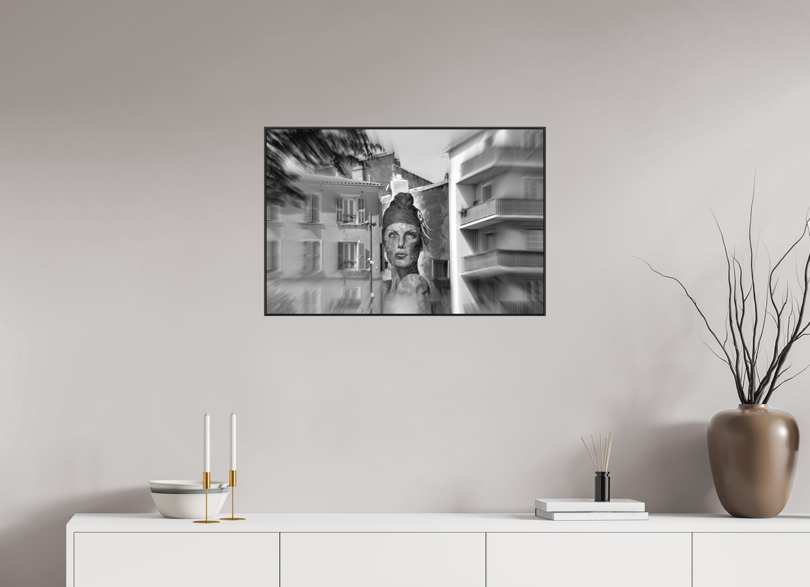 75 x 50 cm, Black_metal_frame_Dibond FEMALE POWER BETWEEN BUILDINGS