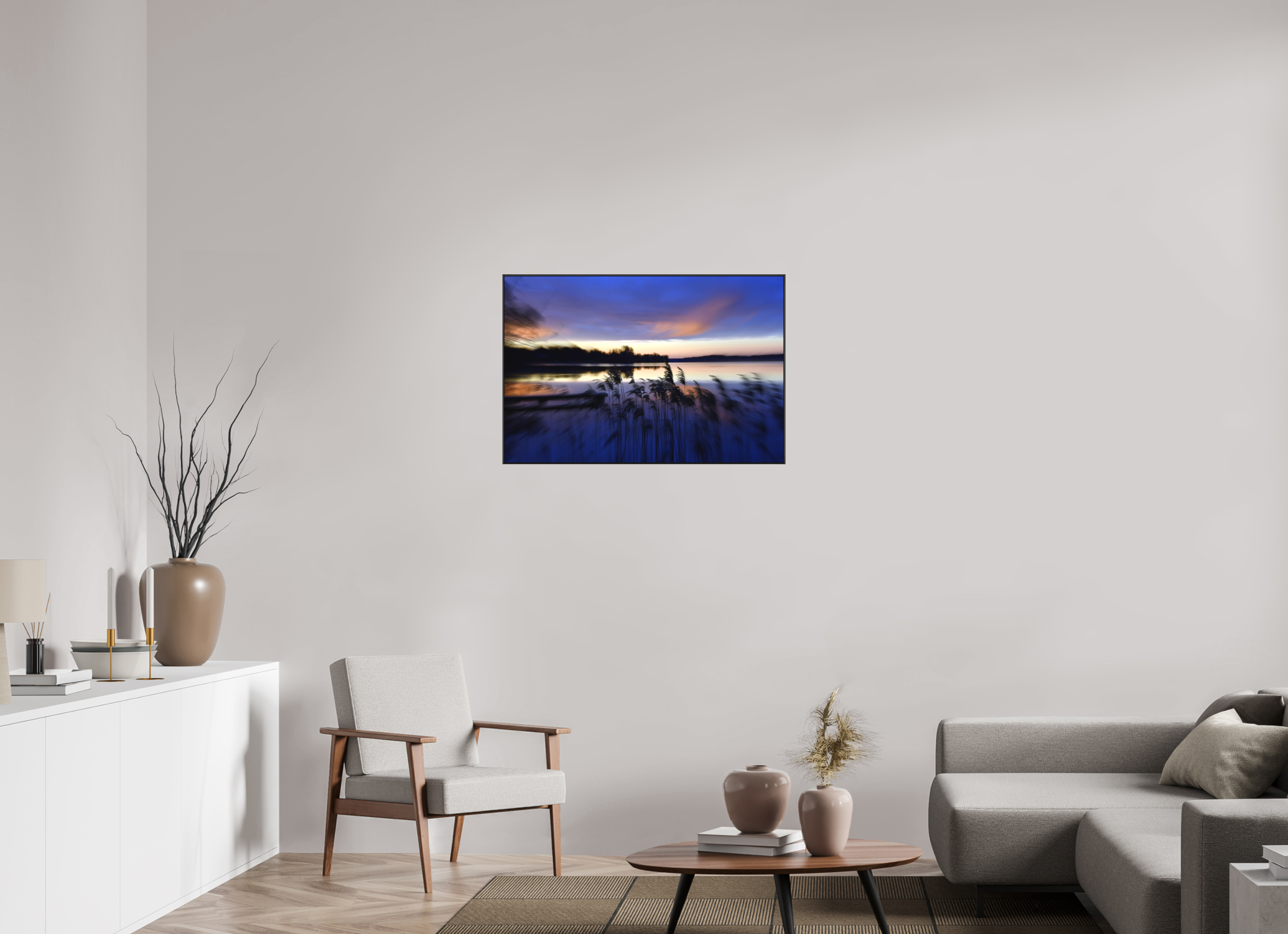 90 x 60 cm, Black_metal_frame_Dibond RIVER AWAKING IN THE MORNING