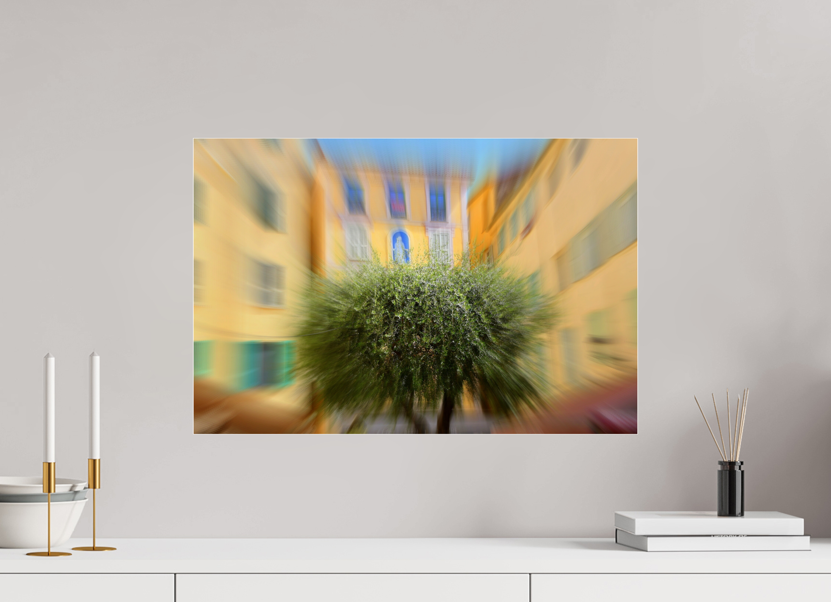 60 x 40 cm, Under Acrylic Glass Colour OLIVE TREE IN THE EMBRACE OF THE HOUSES