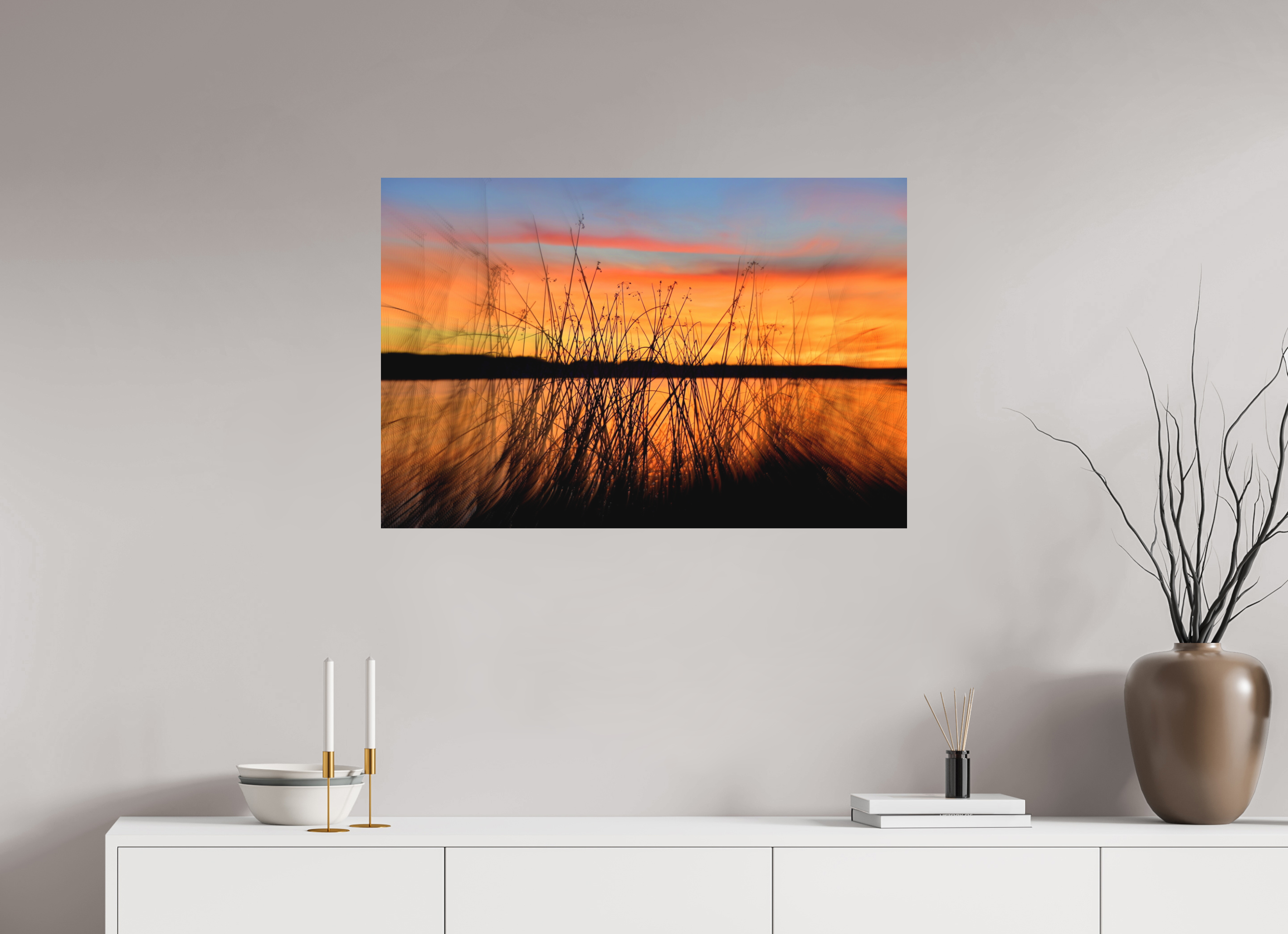 90 x 60 cm, Direct Print on Aluminium Dibond Colour SUNSET BEHIND BLACK REEDS