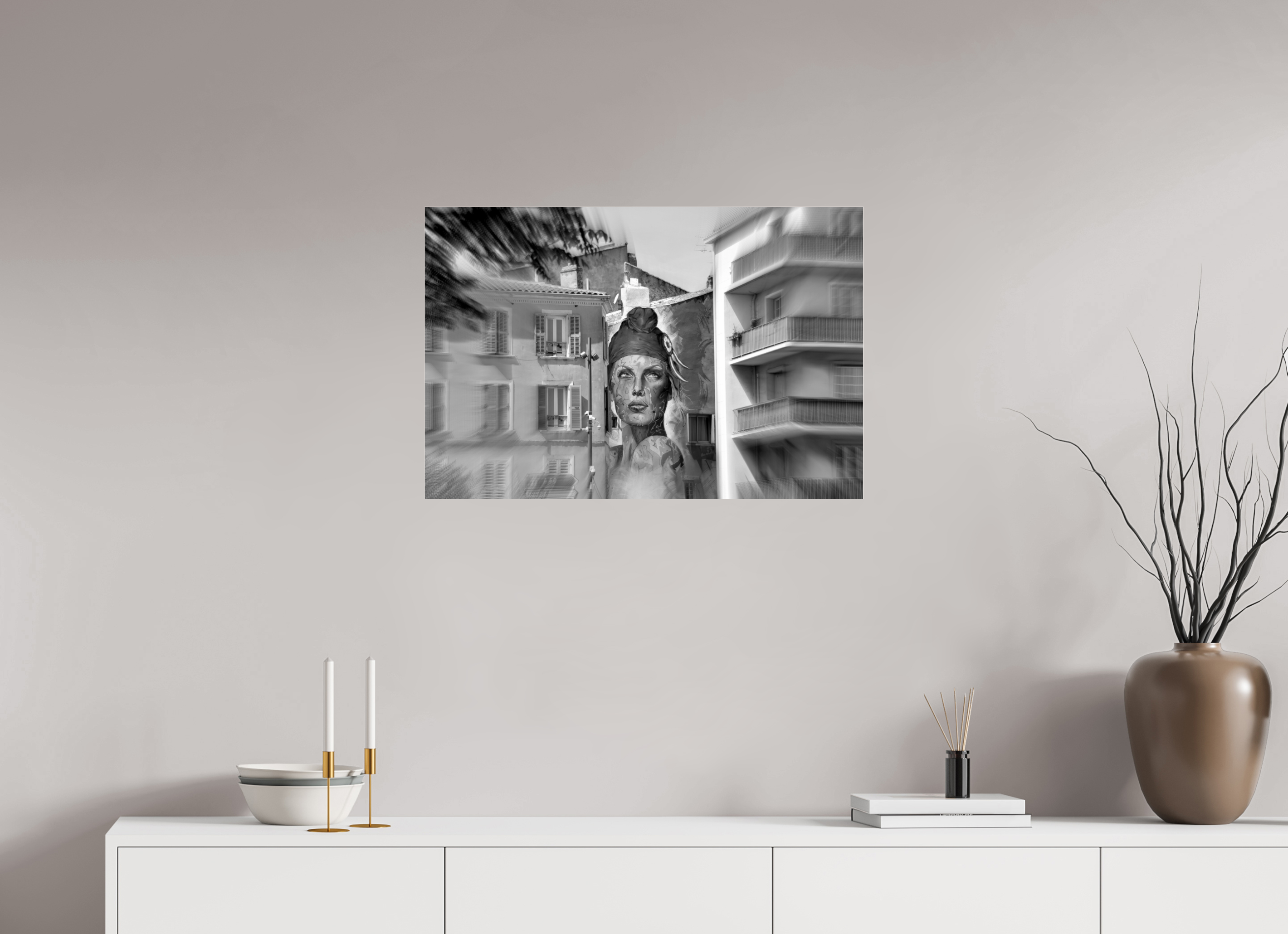 75 x 50 cm, Photo Print Under Acrylic Glass FEMALE POWER BETWEEN BUILDINGS