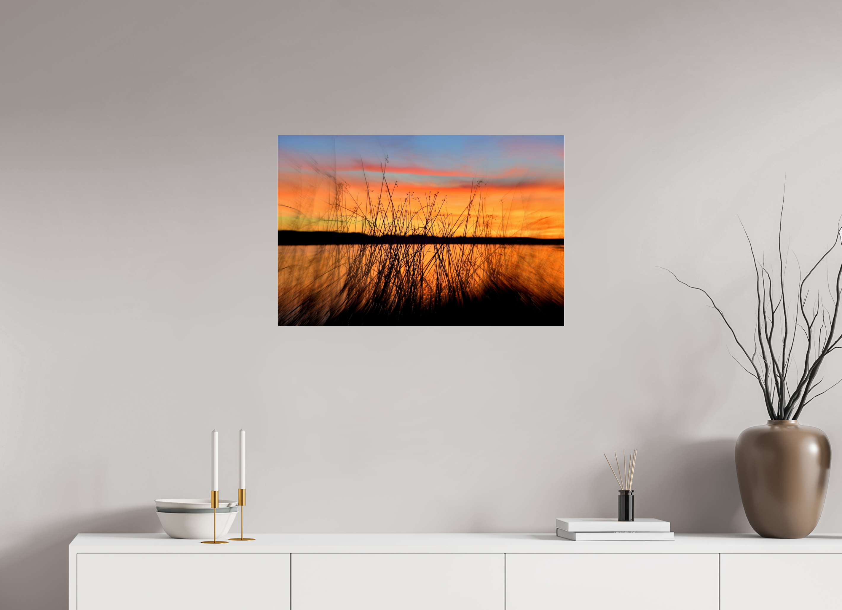 75 x 50 cm, Under Acrylic Glass Colour SUNSET BEHIND BLACK REEDS