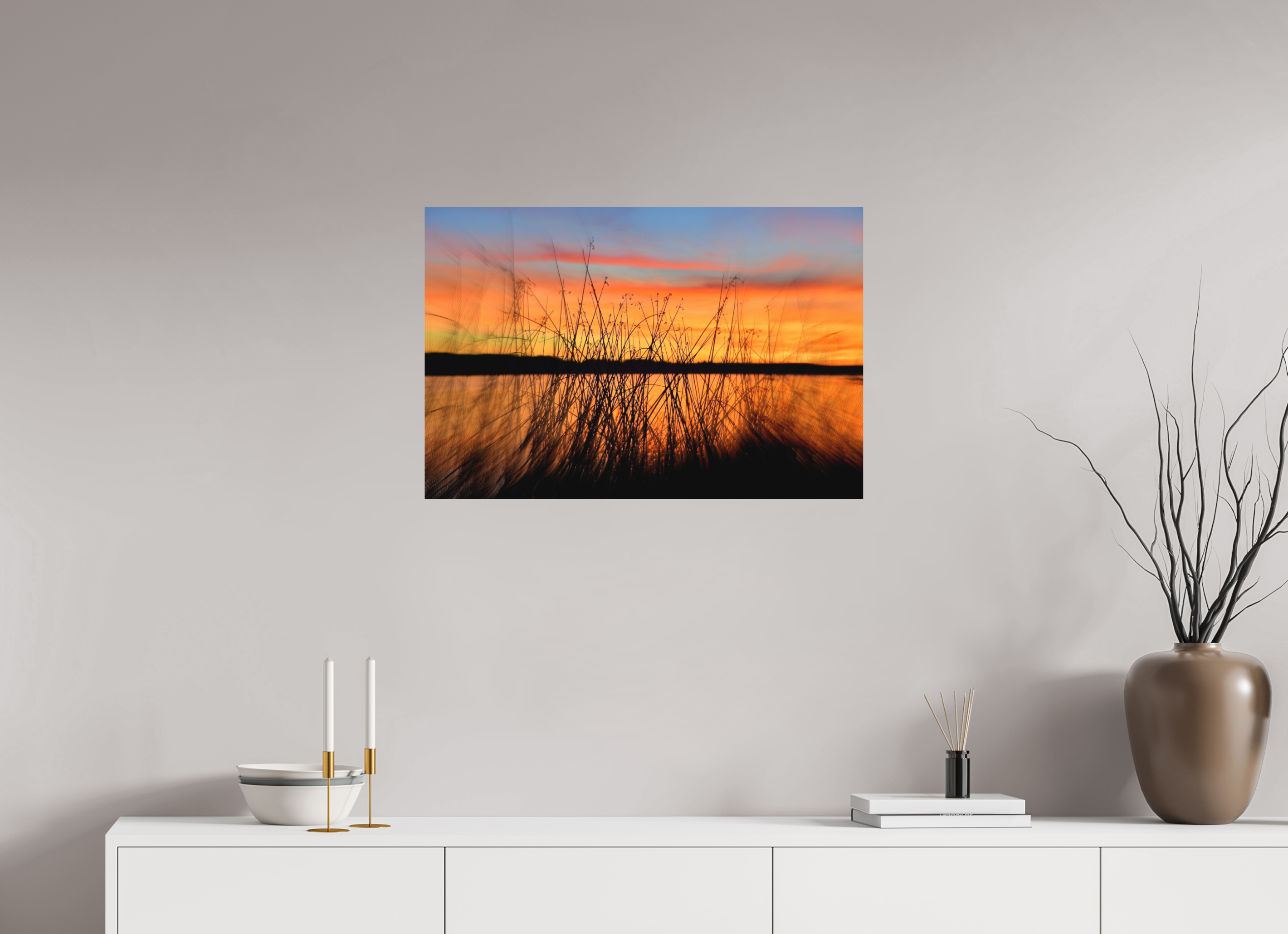 75 x 50 cm, Direct Print on Aluminium Dibond Colour SUNSET BEHIND BLACK REEDS