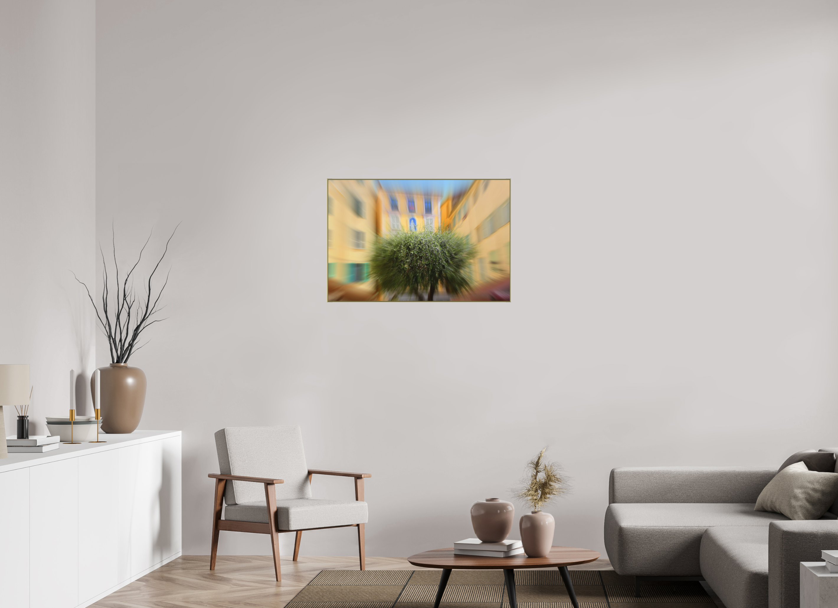 90 x 60 cm, Gold_metal_frame_Dibond OLIVE TREE IN THE EMBRACE OF THE HOUSES