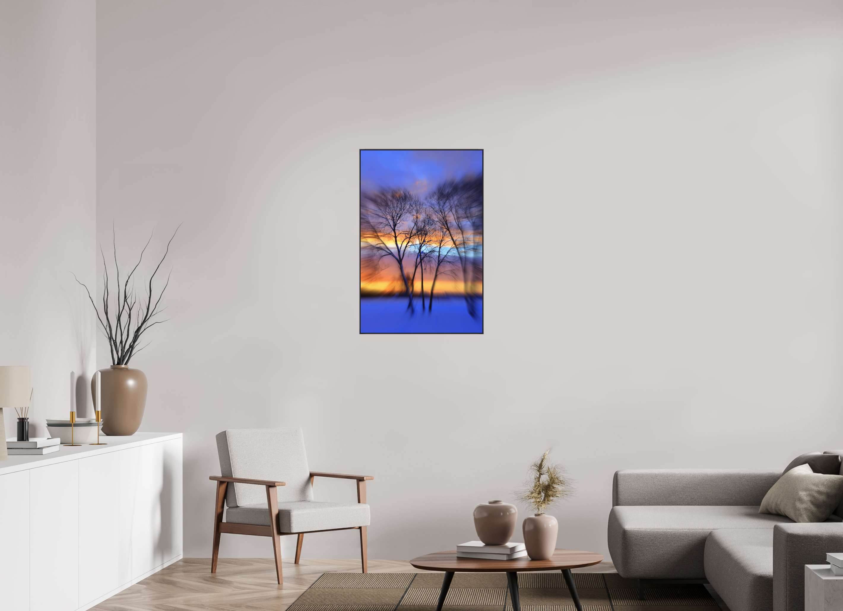 60 x 90 cm, Black_metal_frame_Dibond TREES SILHOUETTES IN WINTER SUNSET