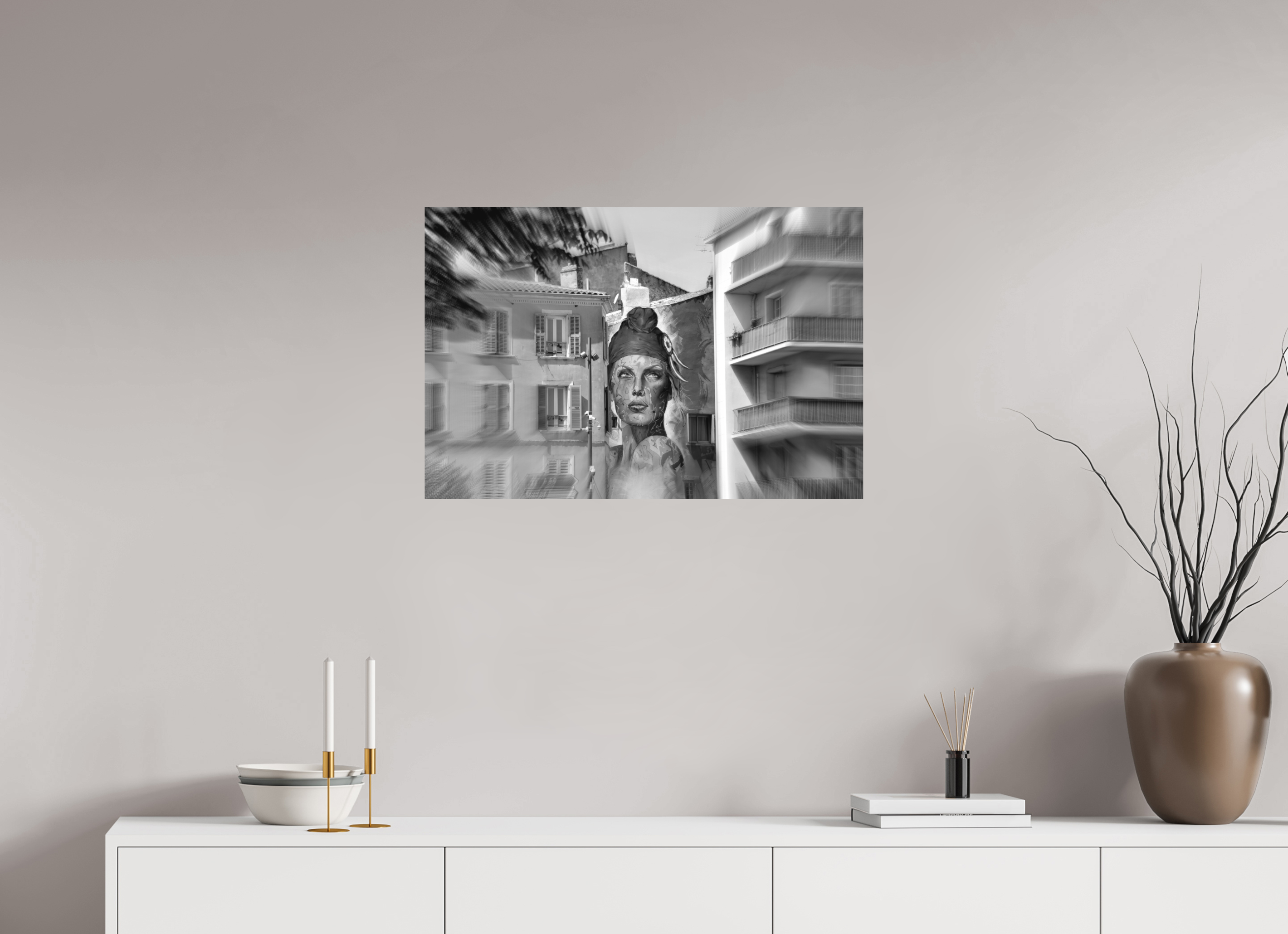 75 x 50 cm, Direct Print on Aluminium Dibond_Black_and_White FEMALE POWER BETWEEN BUILDINGS