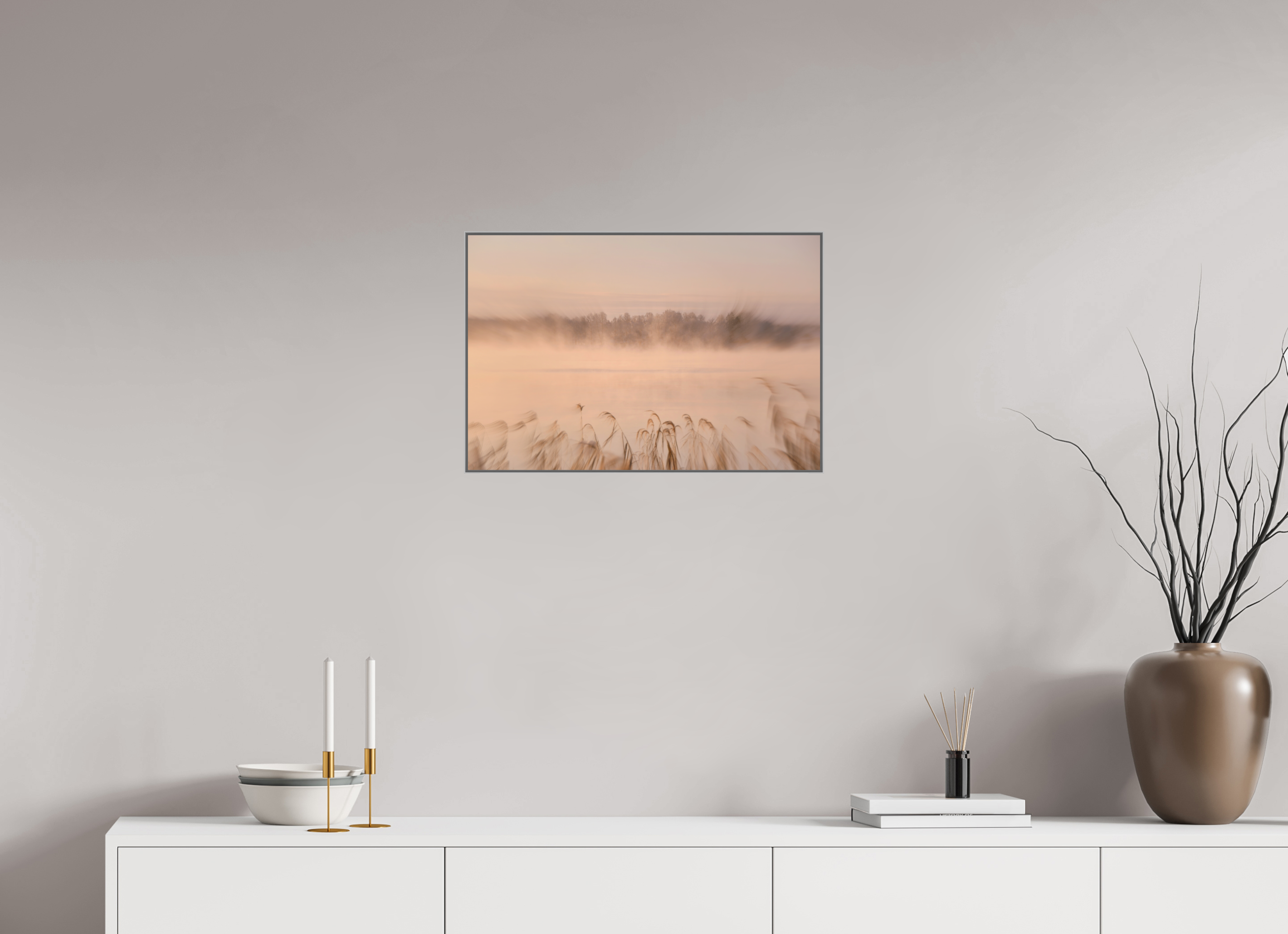 60 x 40 cm, Silver_metal_frame_Dibond MISTY RIVERSIDE MORNING