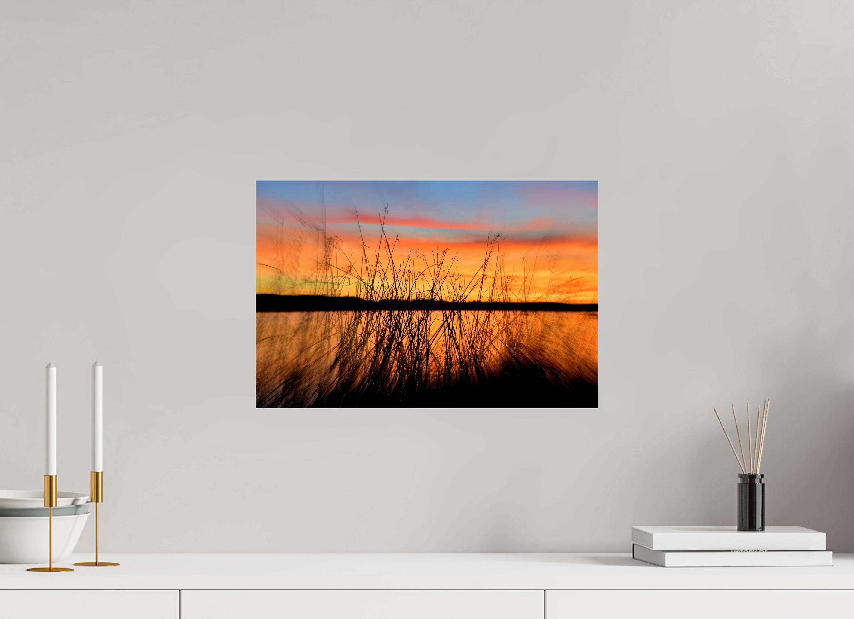 45 x 30 cm, Under Acrylic Glass Colour SUNSET BEHIND BLACK REEDS